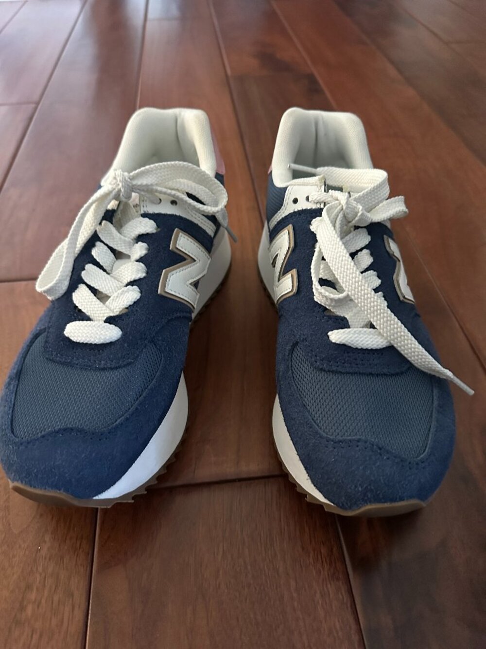 New Balance 574 Navy Blue Pink Platform Sneakers Suede Retro